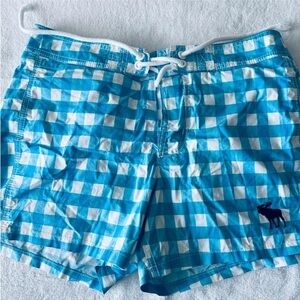 Preowned Abercrombie & Fitch Turquoise White Plaid Swim Trunks Shorts Sz L, XL